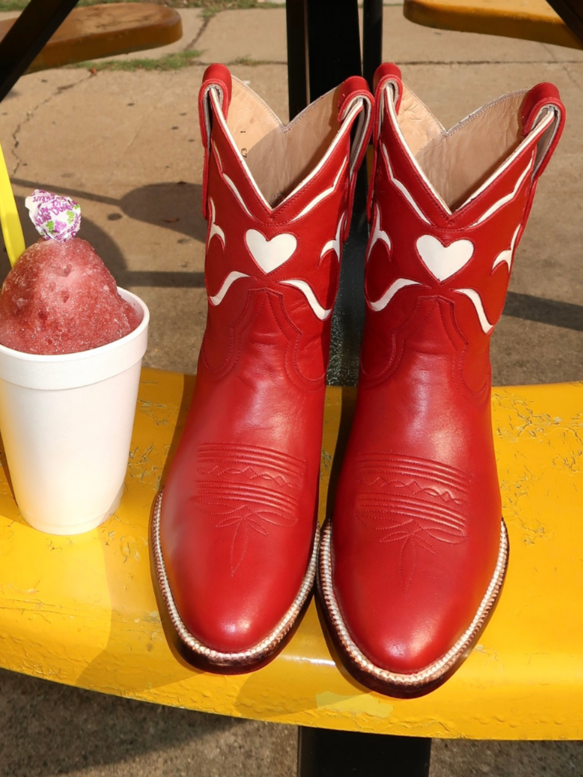 White Heart Inlay Almond-Toe Wide Mid Calf Cowgirl Boots - Red