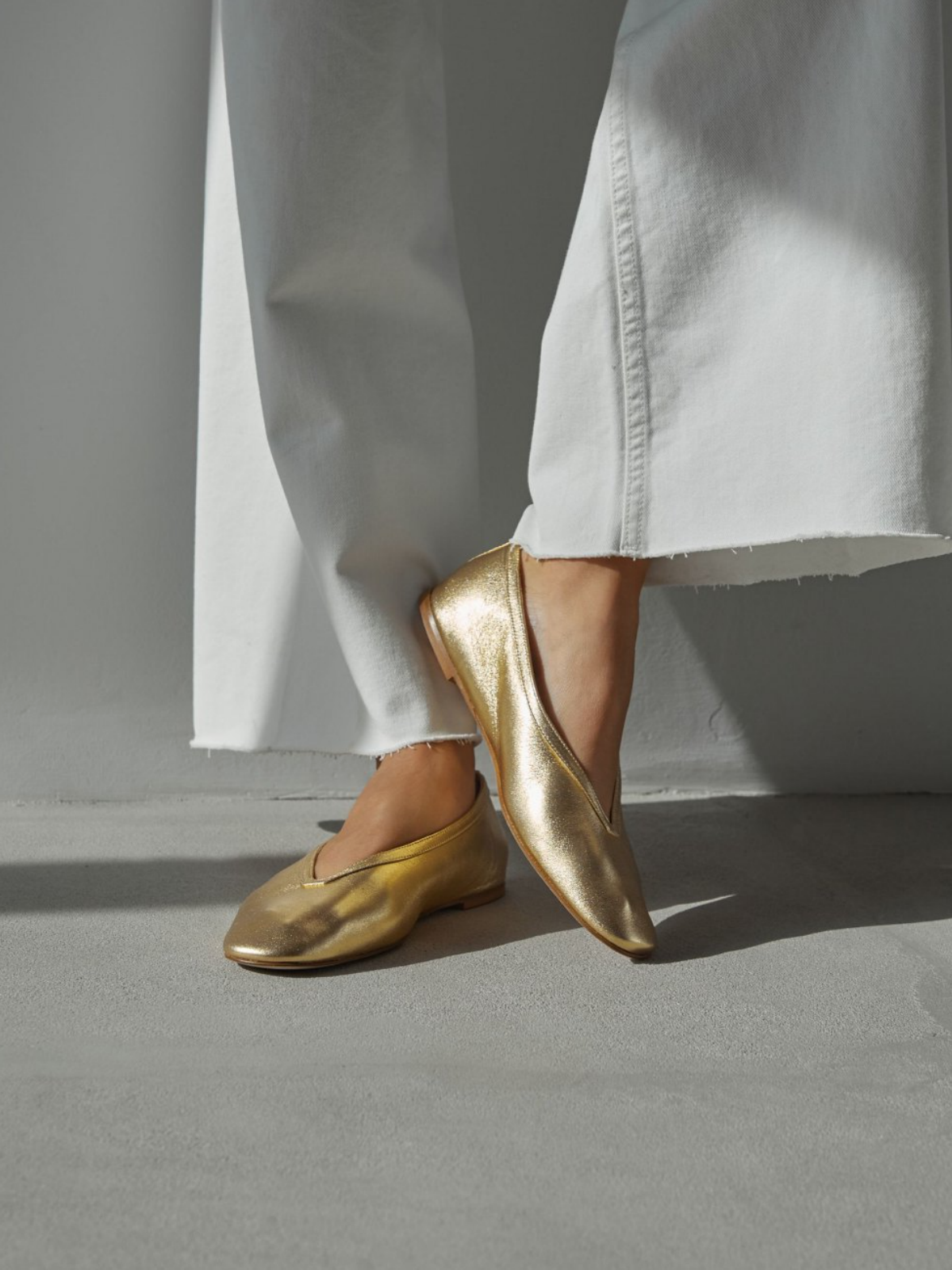 Metallic Gold Square Toe Slip-On Ballet Flats