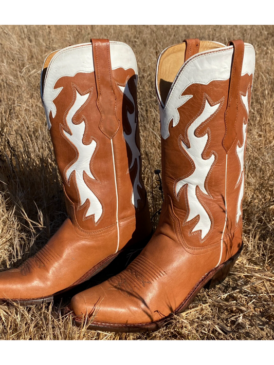 Tan Snip-Toe White Inlay And Applique Wide Mid Calf Tall Cowgirl Boots