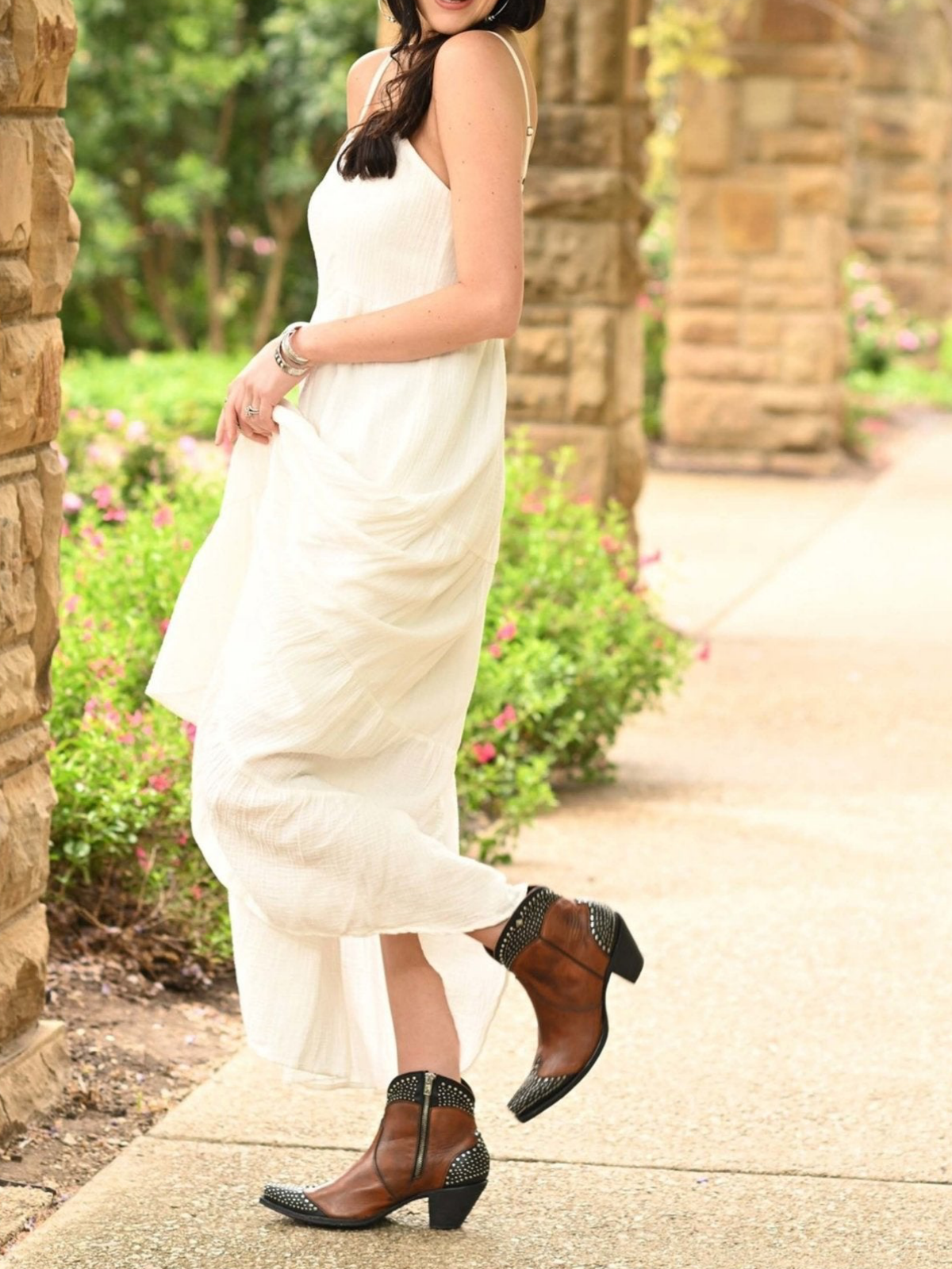 Contrast Brown And Black Snip-Toe Studded Full-Zip Ankle Booties