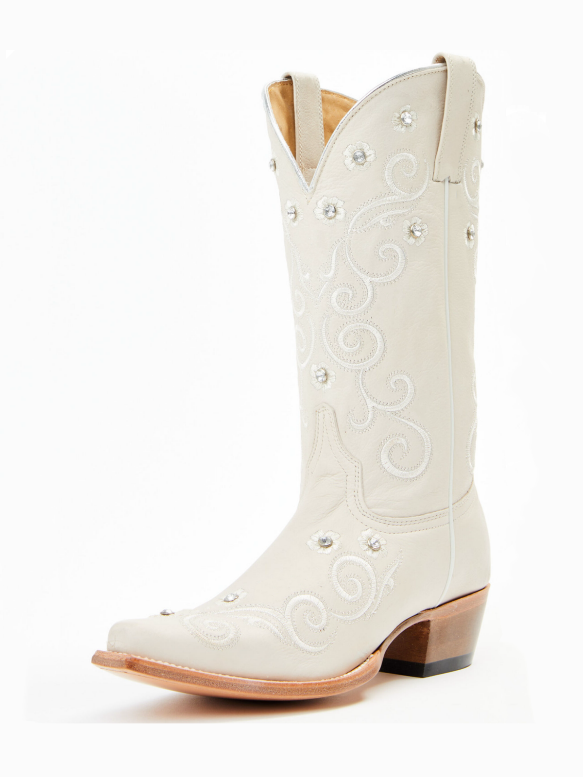 Ivory Floral And Filigree Embroidery Studded Snip-Toe Wide Mid Calf Tall Cowgirl Boots