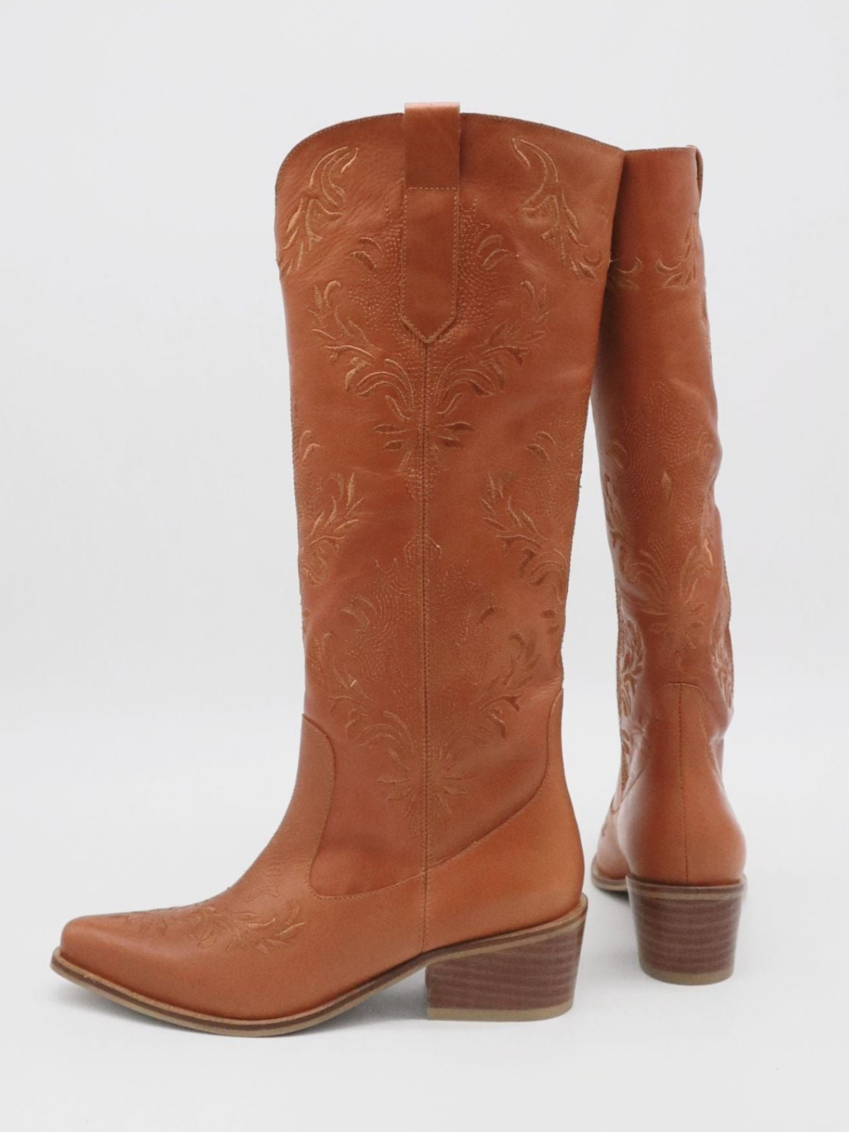 Tan Snip-Toe Filigree Embroidery Wide Mid Calf Tall Cowgirl Boots