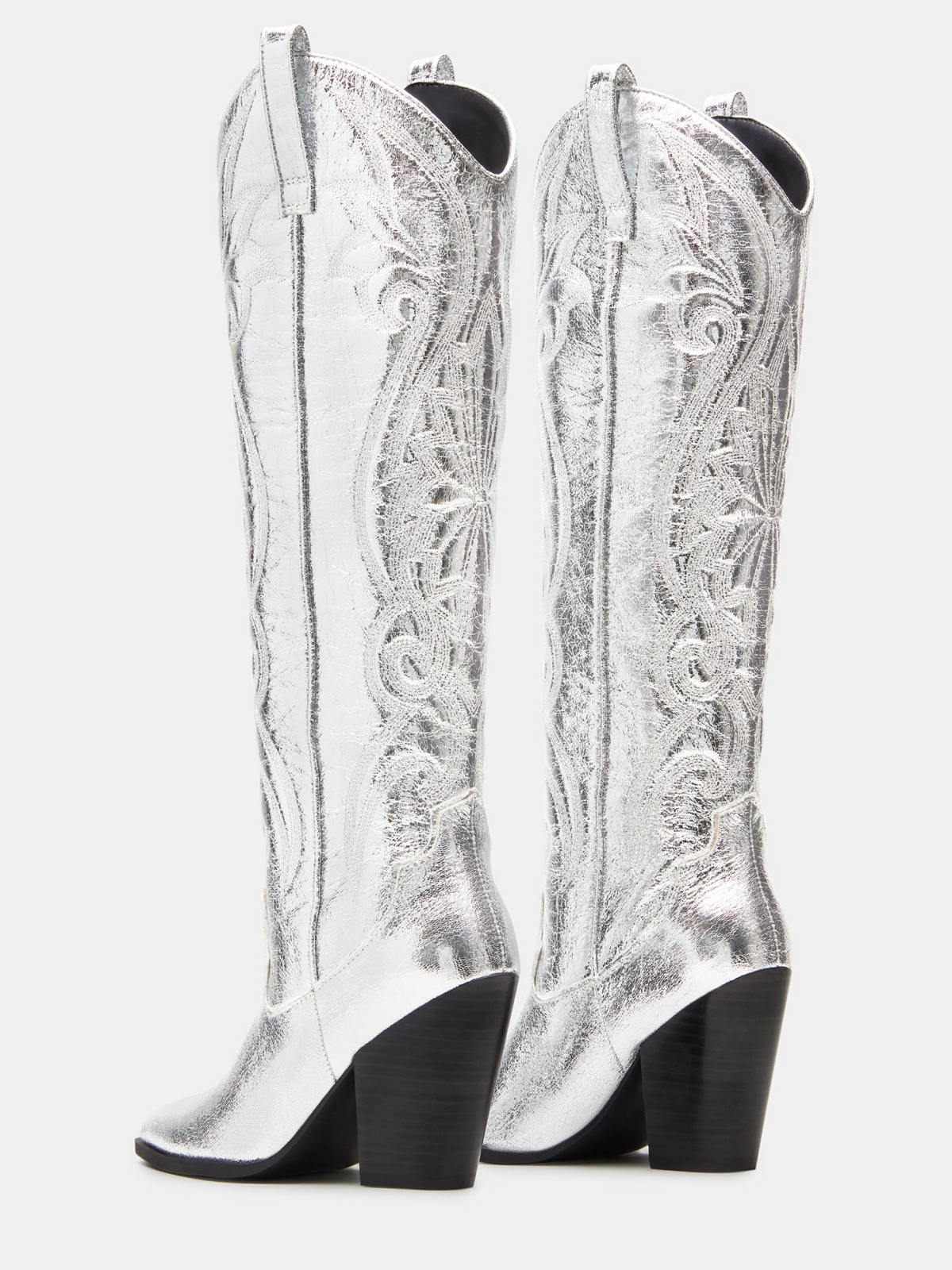 Metallic Silver Embroidery Pointed-Toe Tall Wide Calf Knee High Cowgirl Boots