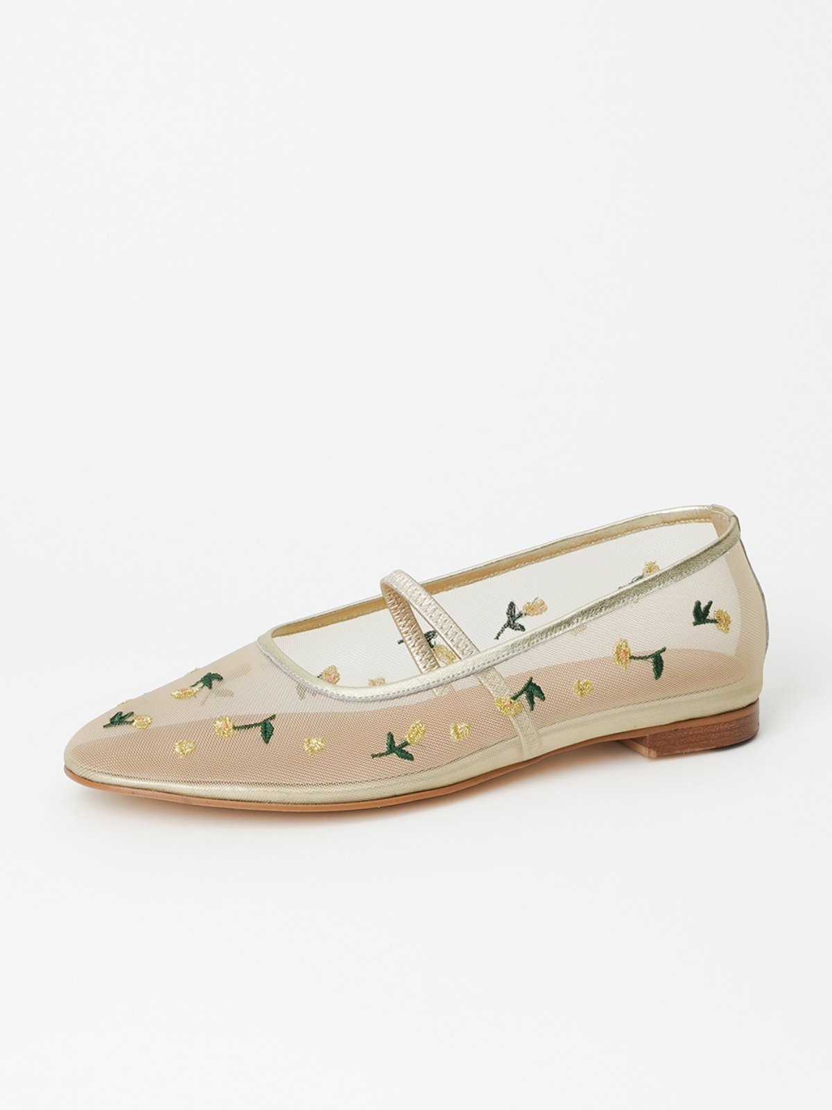 Metallic Light Gold Mesh Flats Mary Janes With Yellow Floral Embroidery