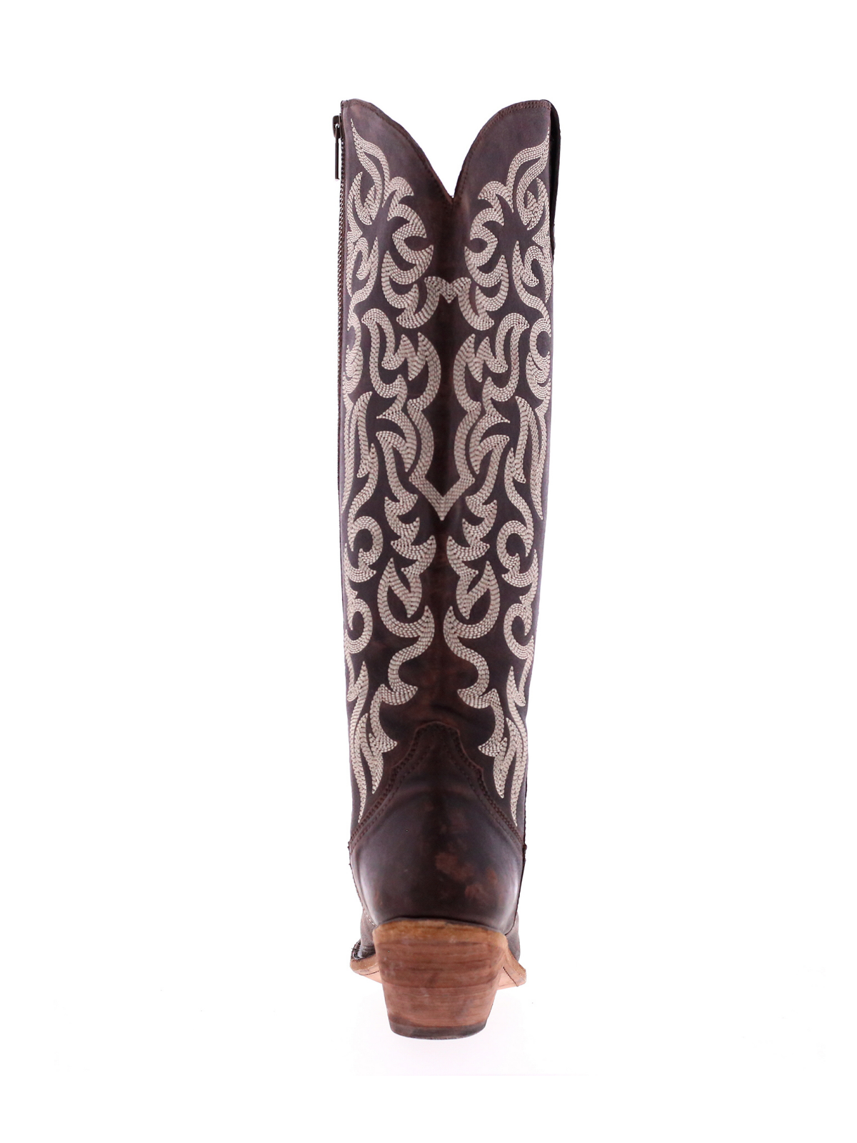 Embroidery Almond-Toe Full-Zip Knee High Tall Cowgirl Boots - Dark Brown