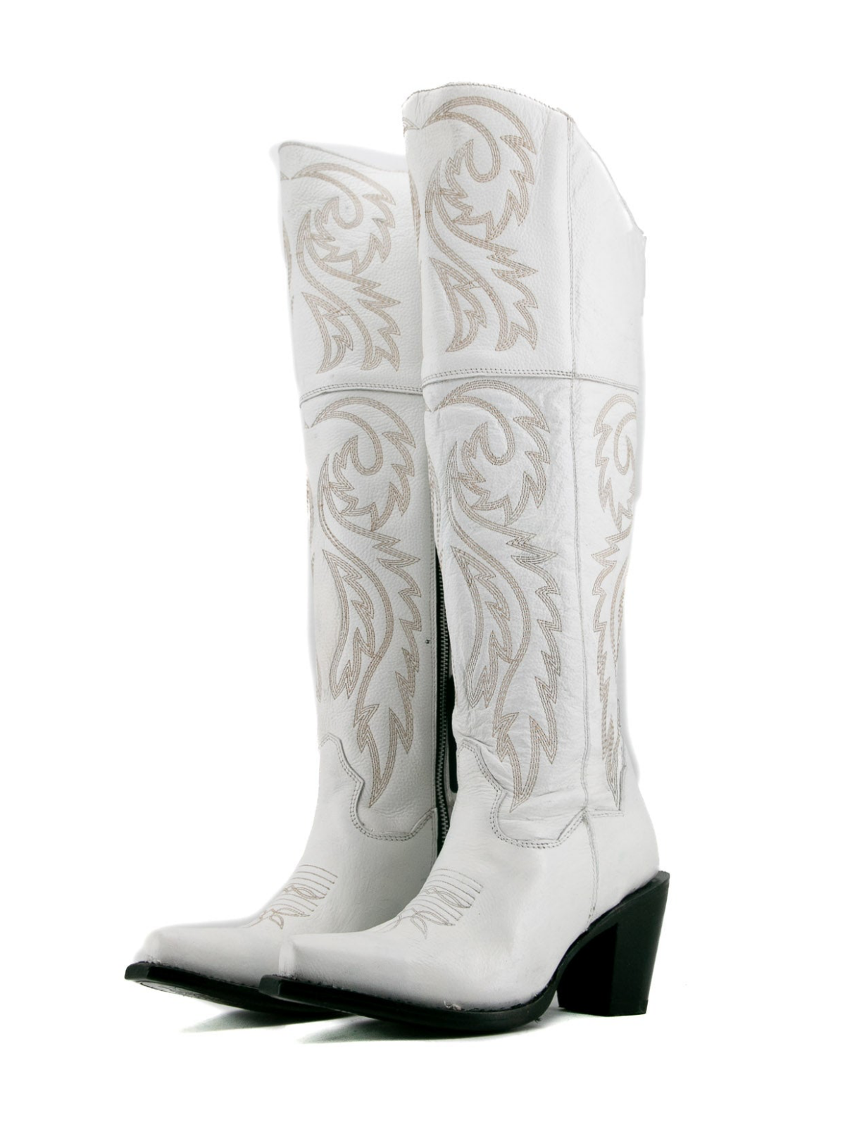 Snip-Toe Embroidery Tall Half-Zip Knee High Cowgirl Boots - White