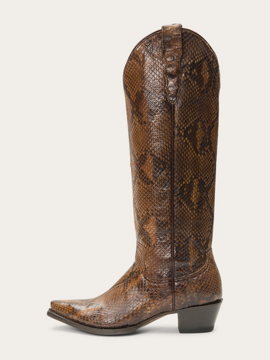 Brown Snakeskin Snip-Toe Classic Wide Calf Tall Knee High Cowgirl Boots