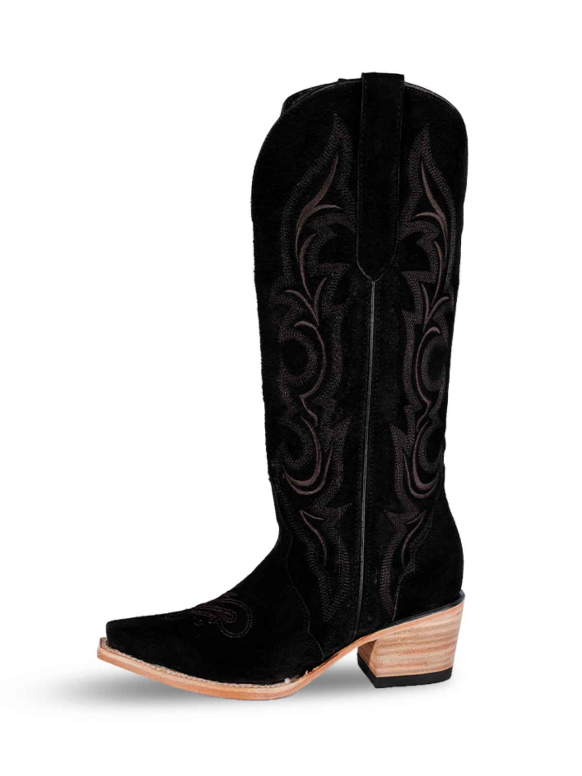 Black Faux Suede Snip-Toe Classic Embroidery Wide Mid Calf Tall Western Boots