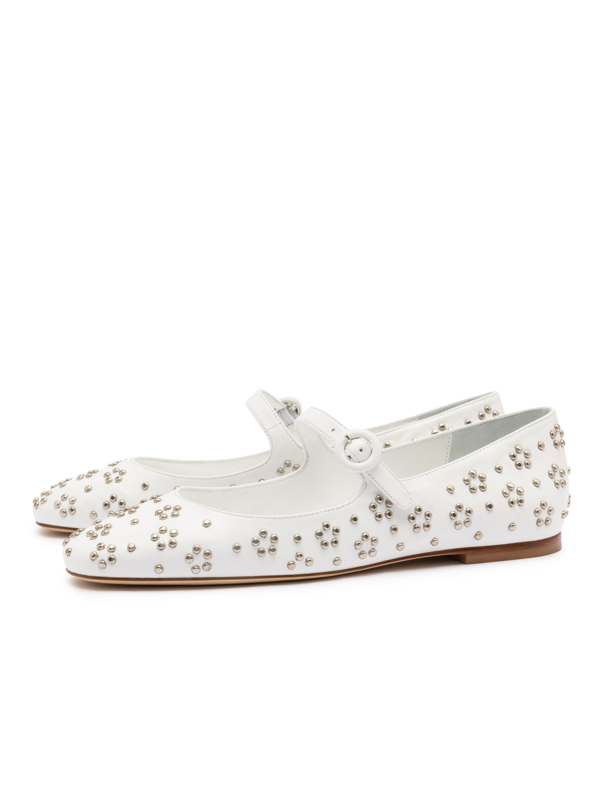 White Vegan Leather Round-Toe Bridge Starp Ballet Flats With Studs