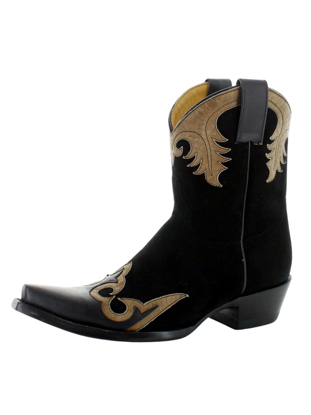 Black Faux Suede Snip-Toe Tan And Black Applique Wide Mid Calf Cowgirl Boots