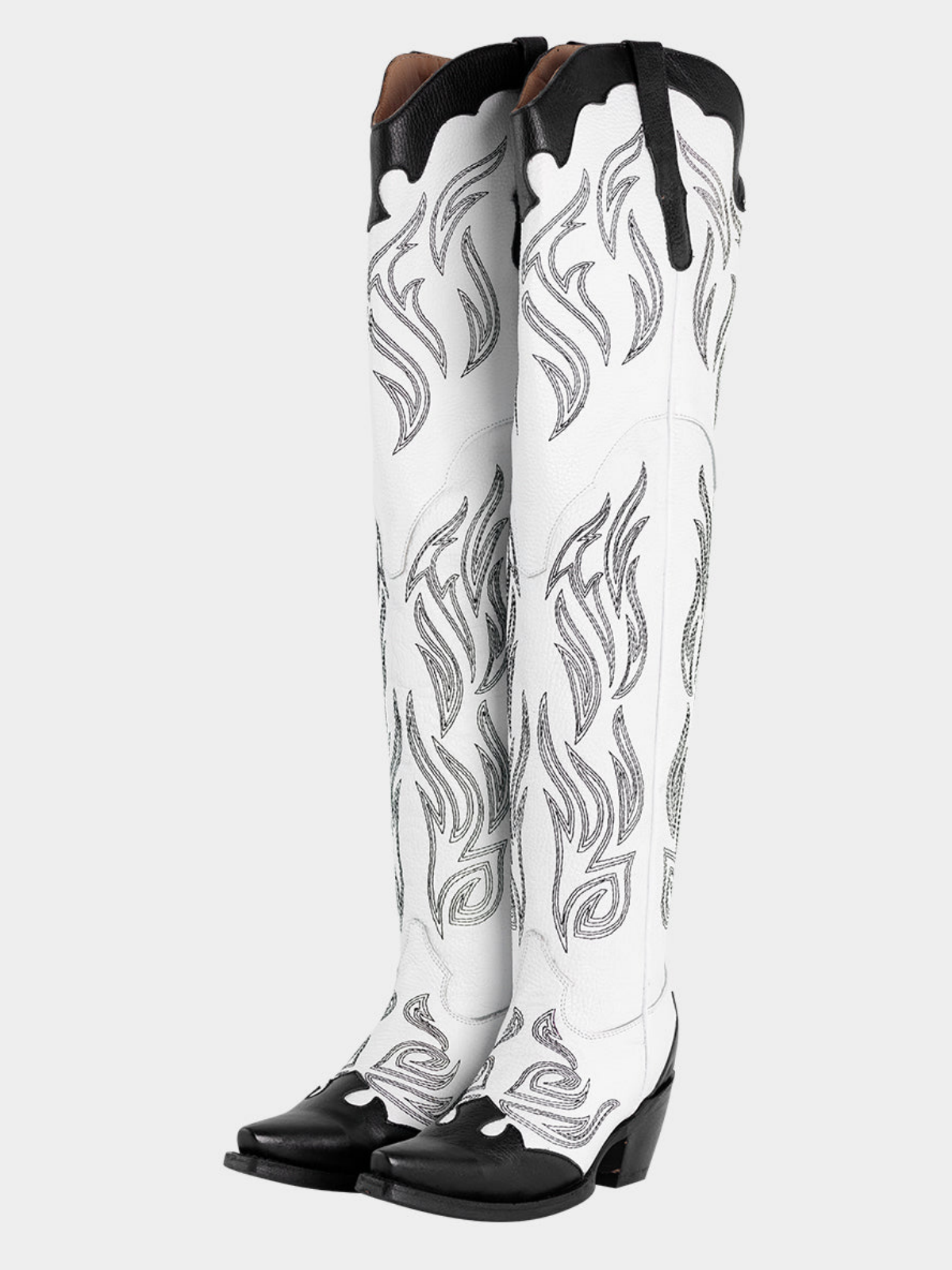 Contrast White And Black Snip-Toe Embroidery Wide Calf Over-The-Knee Western Boots