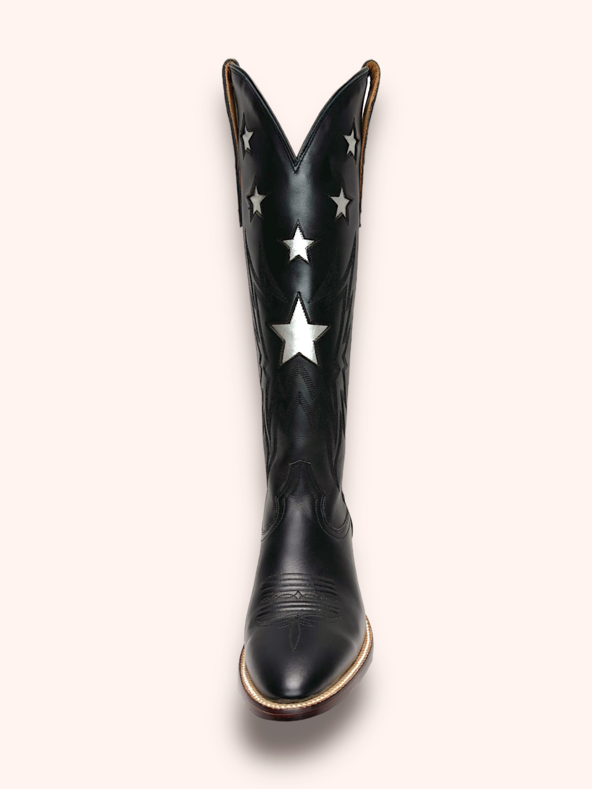 Metallic Star Inaly Embroidery Almond-Toe Wide Mid Calf Tall Cowgirl Boots - Black