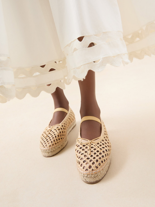 Beige Almond-Toe Elastic Bridge Strap Mesh Bow Espadrille Ballet Flats