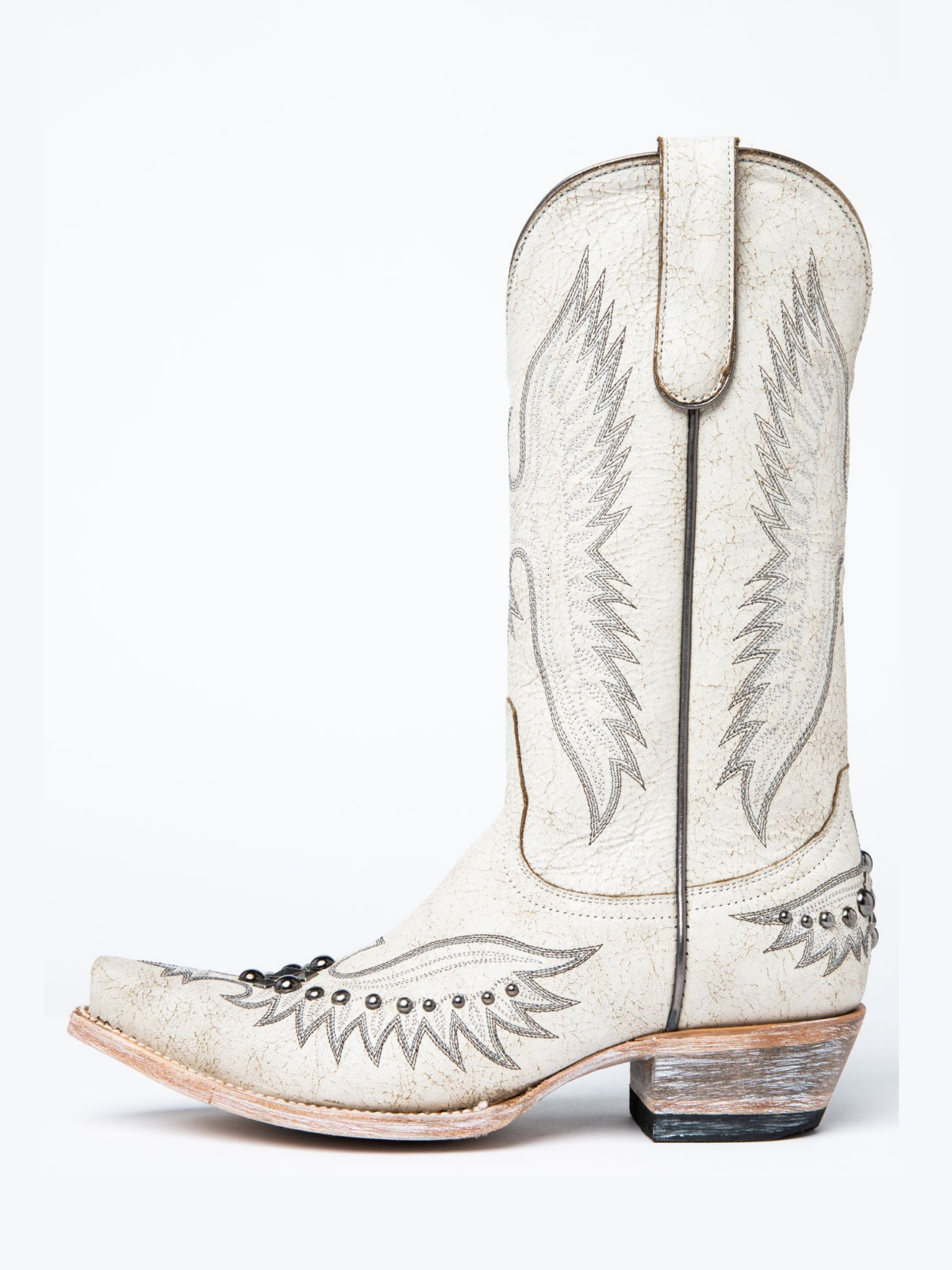 Distressed White Snip-Toe Studded Eagle Embroidery Wide Mid Calf Tall Cowgirl Boots