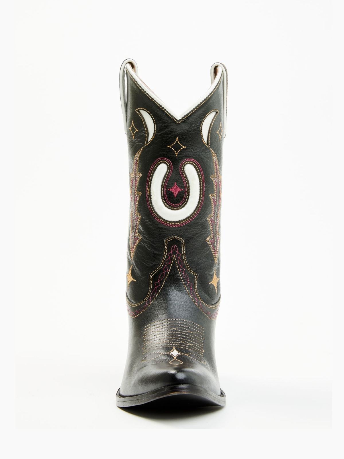 Black Almond-Toe Embroidery Moon Inlay Wide Mid Calf Cowgirl Boots