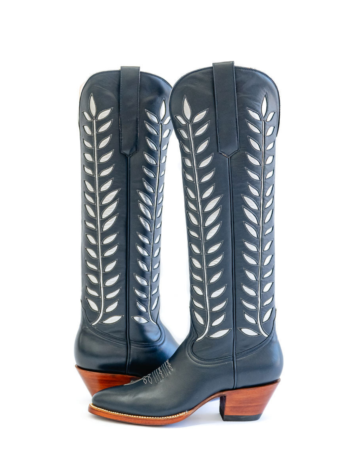 Almond-Toe Metallic Silver Leaves Inlay Wide Calf Tall Knee High Cowgirl Boots - Blue