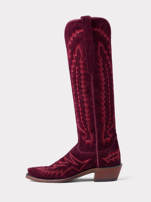 Wine Red Faux Suede Snip-Toe Western Embroidery Wide Calf Tall Knee High Cowgirl Boots