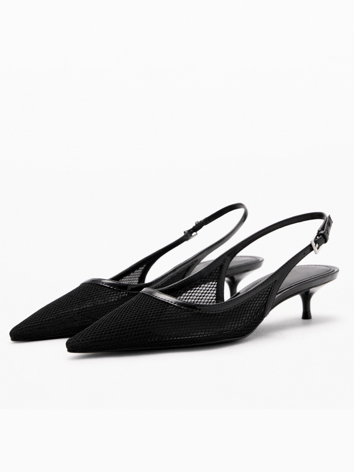 Black Pointed-Toe Slingback Buckle Mesh Kitten Heels