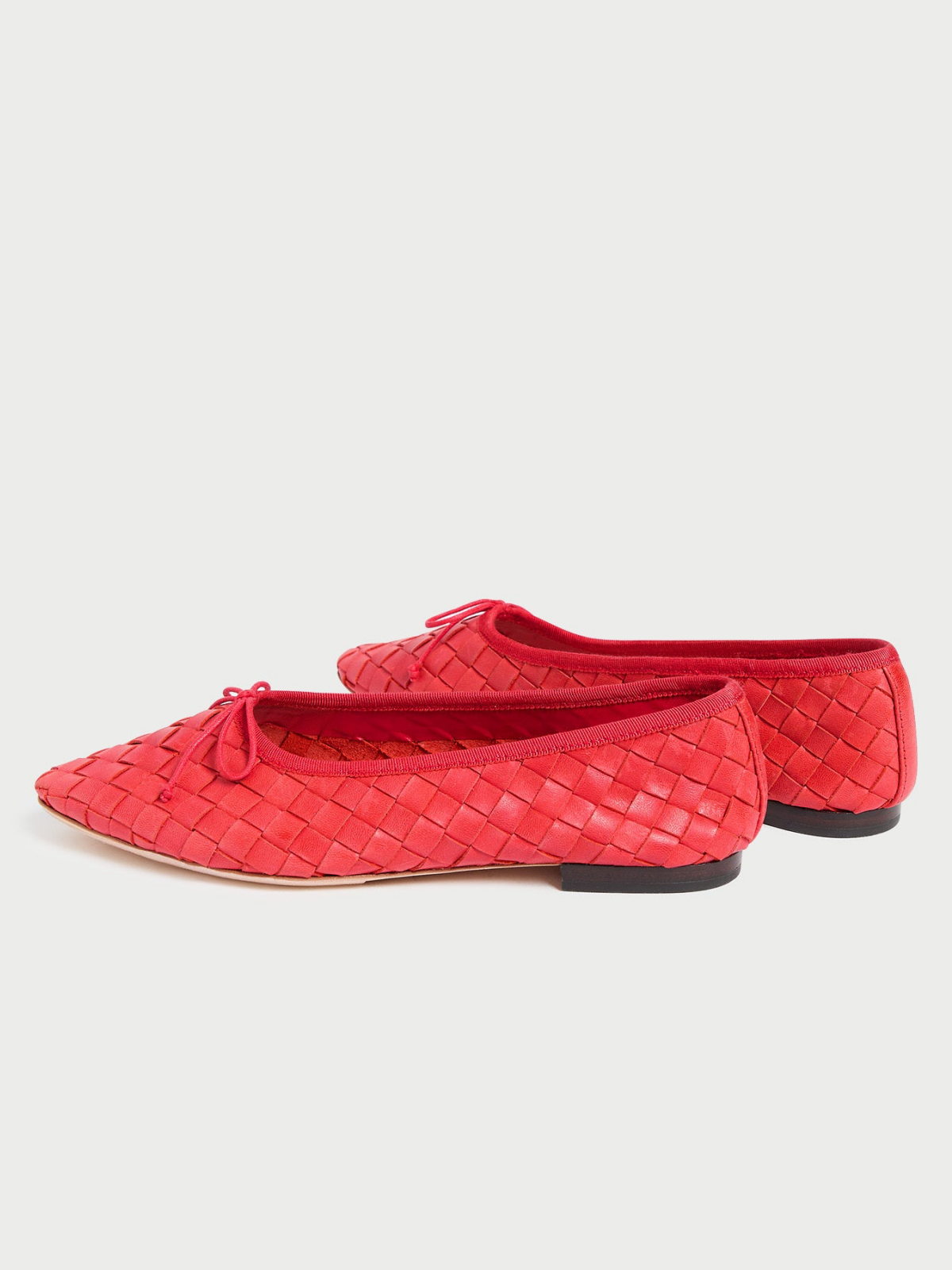 Red Almond-Toe Bow Woven Ballet Flats