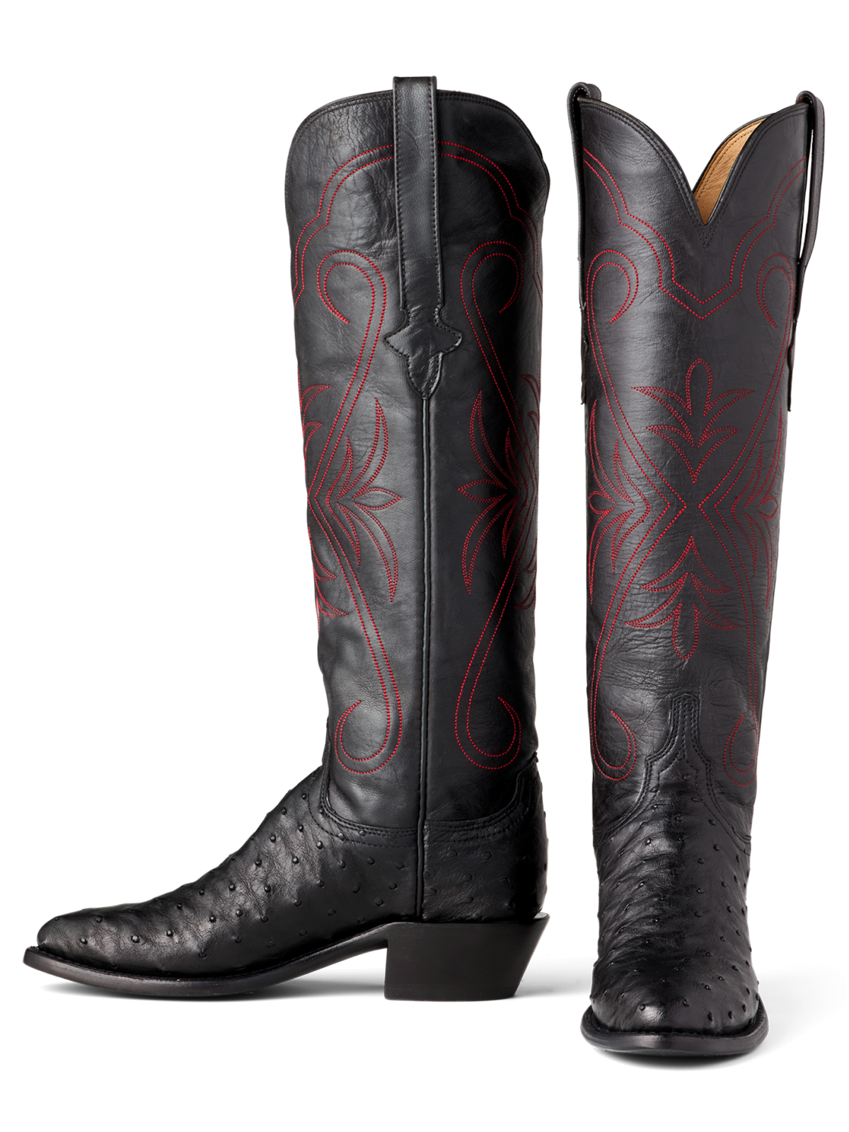 Black Almond-Toe Full Quill Ostrich Embroidery Wide Calf Knee High Tall Western Boots For Women