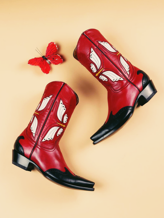 Red Snip-Toe Applique Wide Mid Calf Cowgirl Boots With White Butterfly Inlay