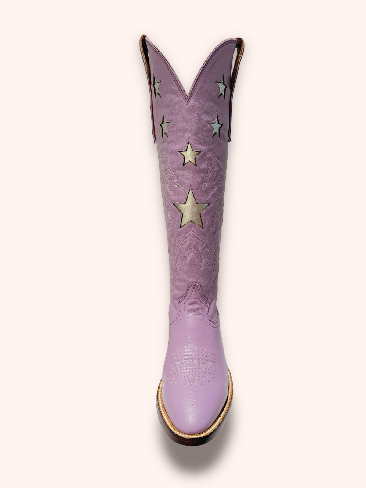 Metallic Star Inaly Embroidery Almond-Toe Wide Mid Calf Tall Cowgirl Boots - Light Purple