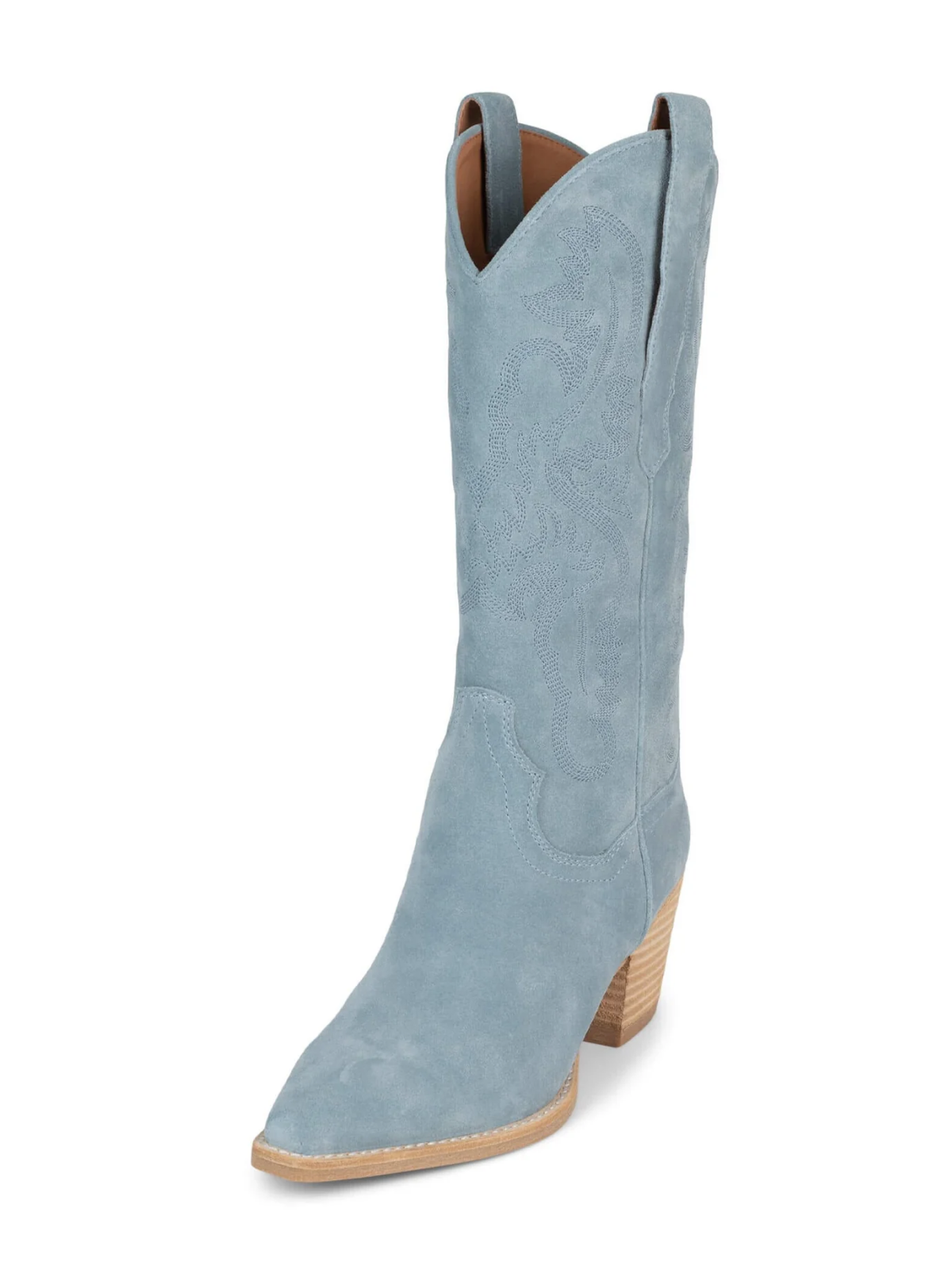 Sky Blue Faux Suede Snip-Toe Western Embroidery Wide Mid Calf Tall Cowgirl Boots