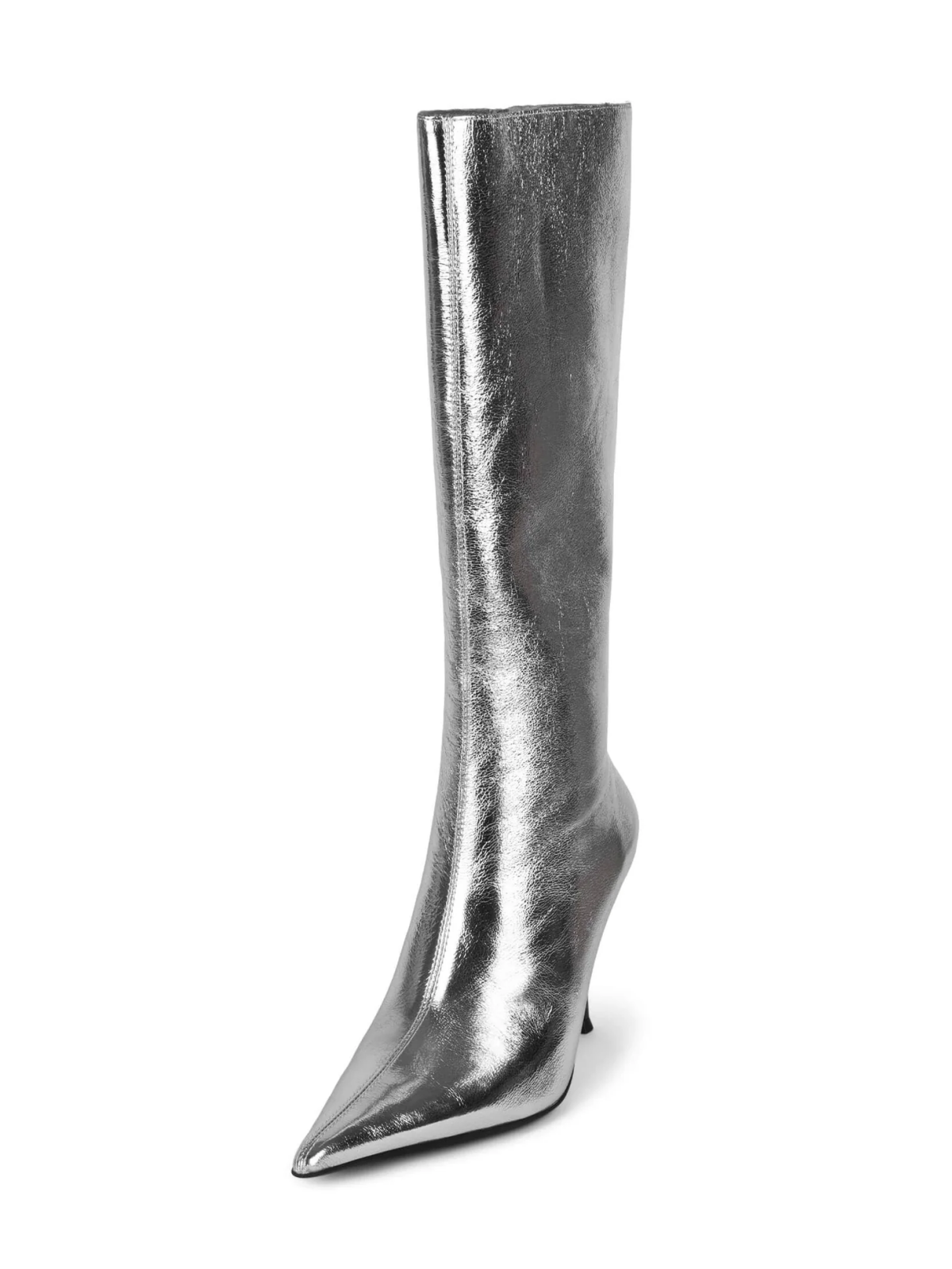 Metallic Silver Full-Zip Pointed-Toe Mid Calf Stiletto Boots