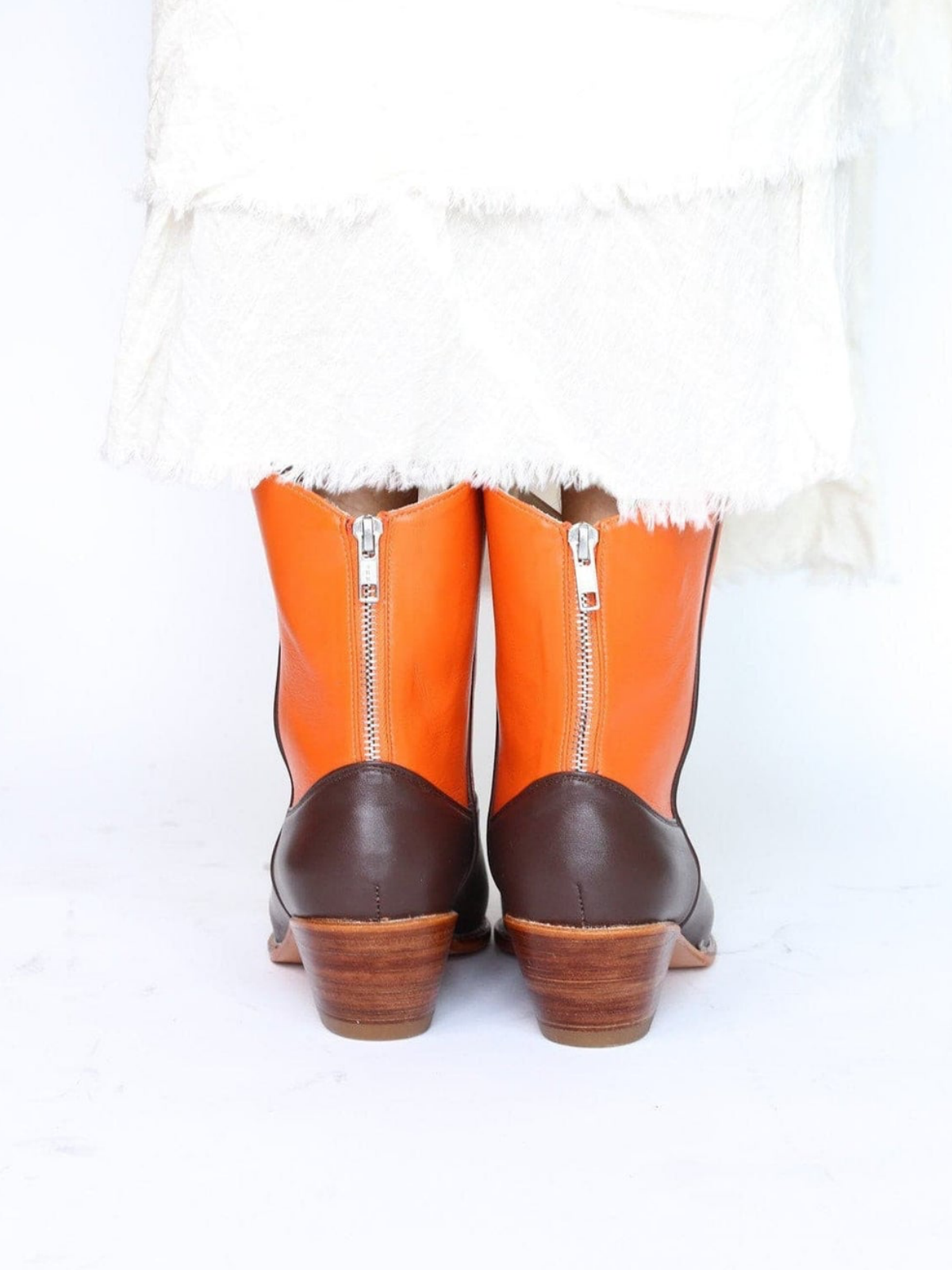 Contrast Chocolate And Orange Almond-Toe Back-Zip Mid Calf Cowgirl Boots