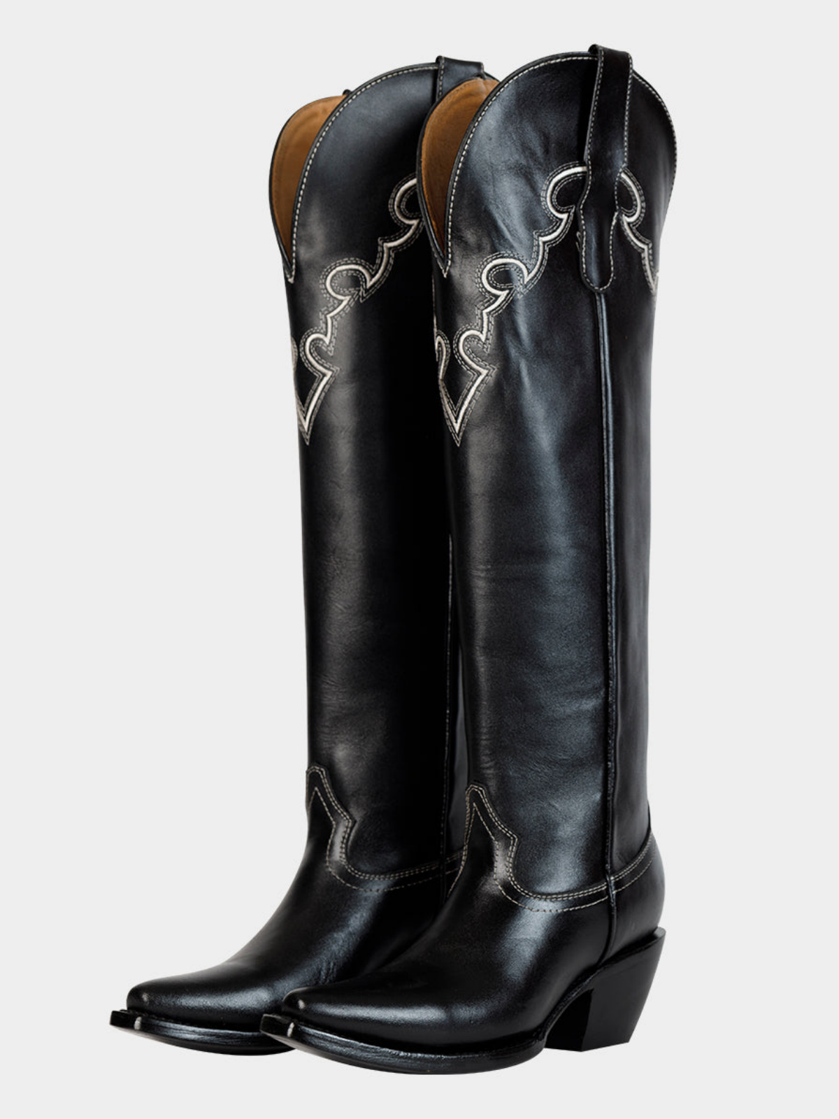 Black Snip-Toe Embroidery Wide Calf Tall Knee High Cowgirl Boots