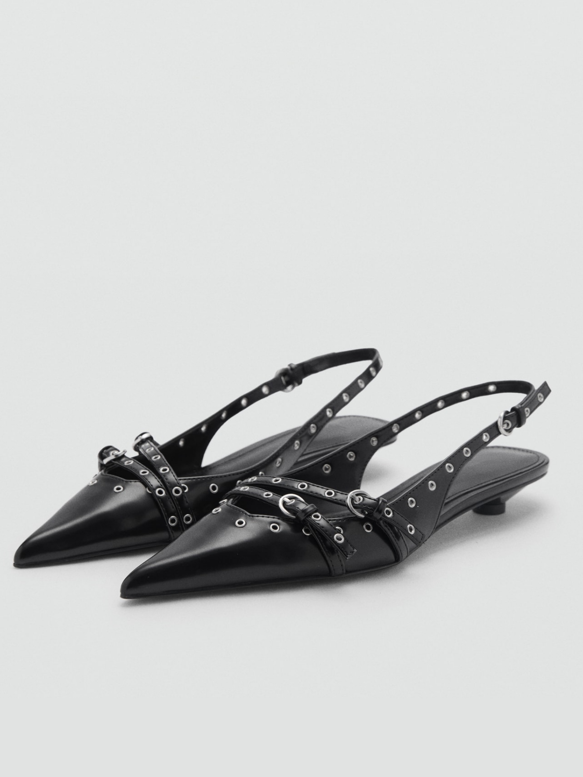 Black Pointed-Toe Laser-Cut Detail Double Front Strap Slingback Kitten Heels
