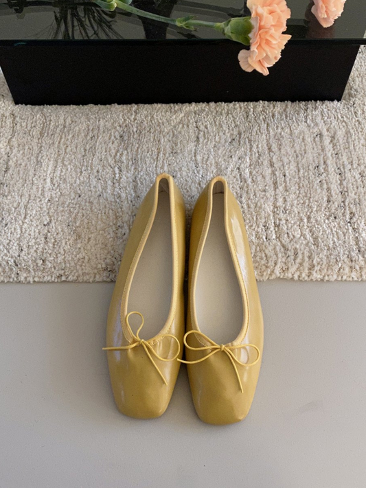 Yellow Vegan Leather Bow Ballet Flats With Square Toe