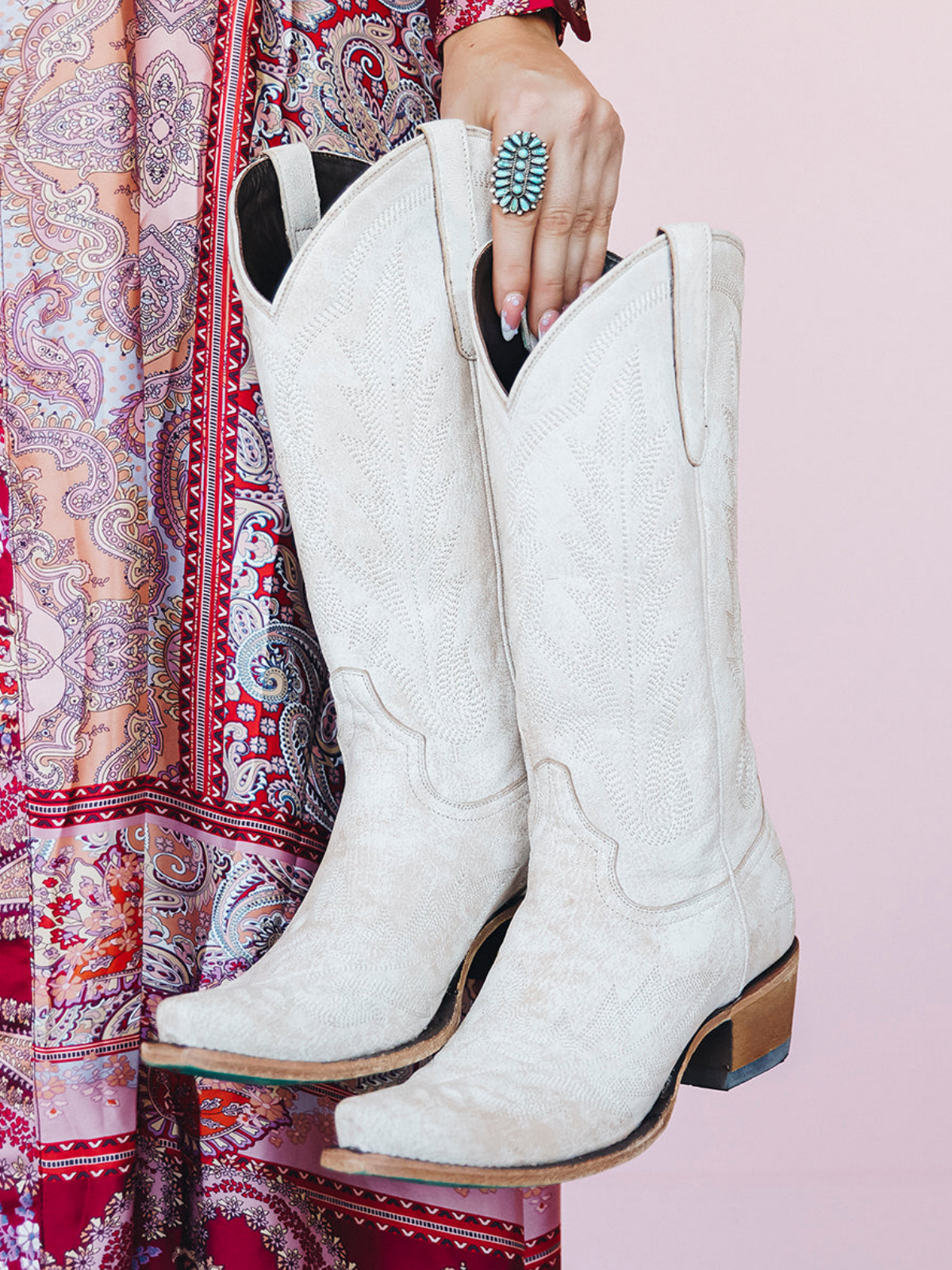 White Snip-Toe Embroidery Wide Mid Calf Tall Western Boots For Women