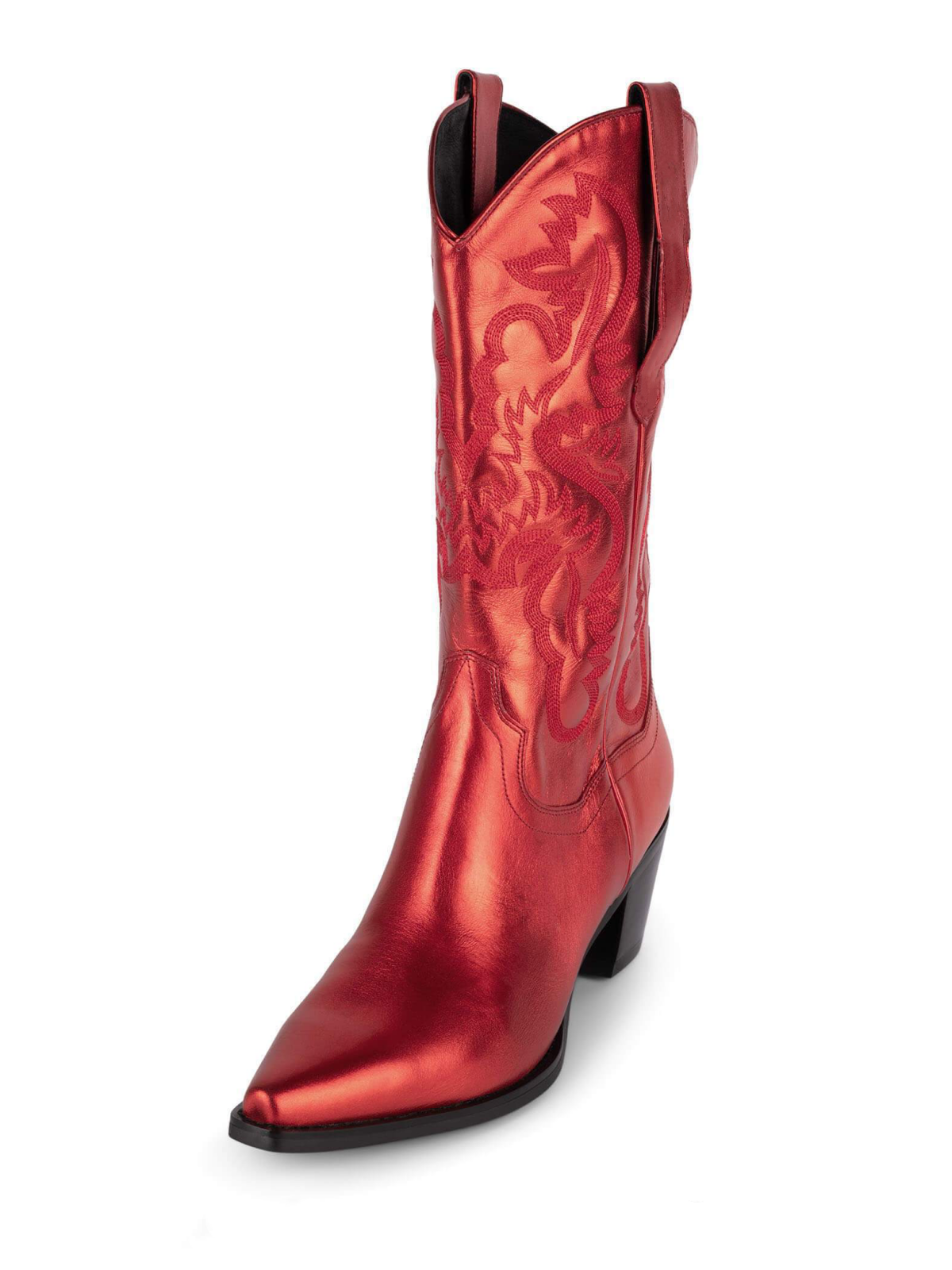 Metallic Red Snip-Toe Western Embroidery Wide Mid Calf Tall Cowgirl Boots