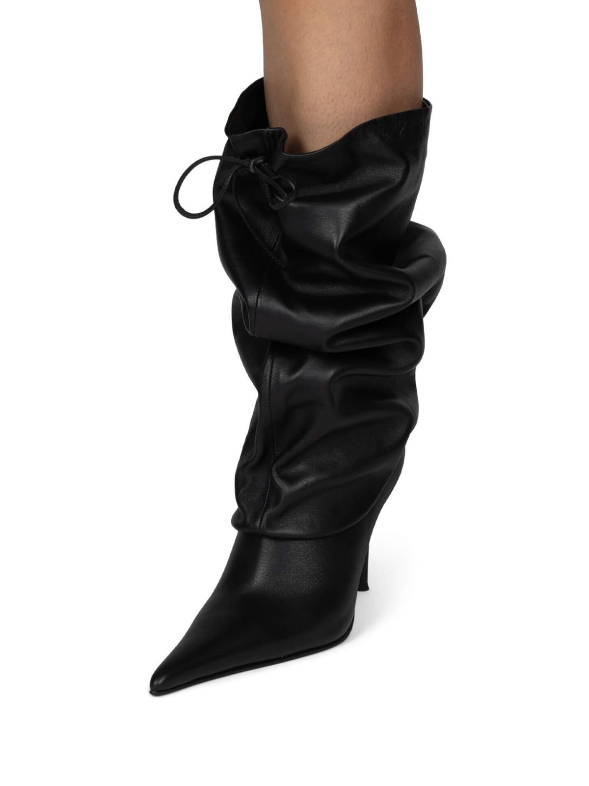 Black Pointed-Toe Slouchy Wide Mid Calf Stiletto Boots With Drawstring