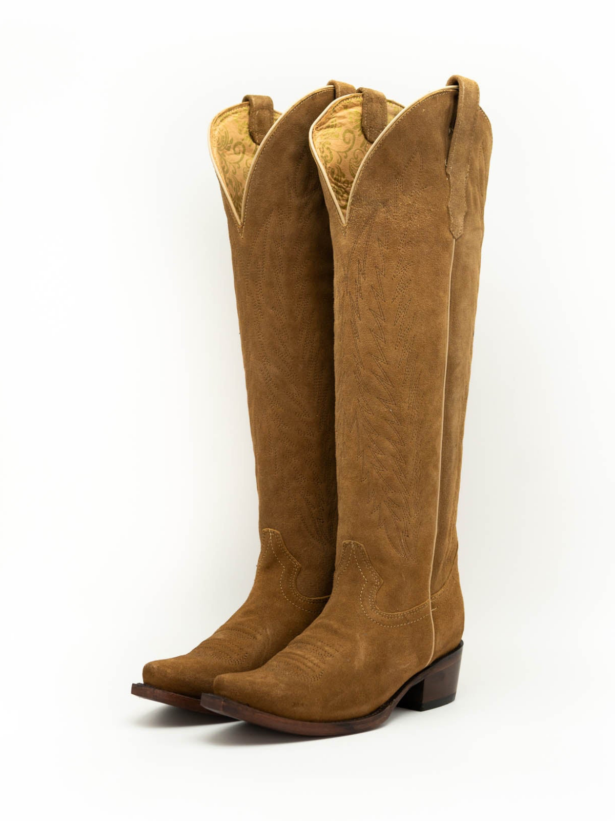 Faux Suede Snip-Toe Half-Zip Embroidery Knee High Tall Cowgirl Boots - Caramel