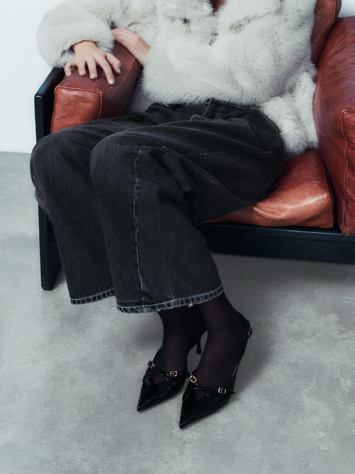 Black Patent Pointed-Toe Double Buckle Front Strap Slingback Pump High Heels