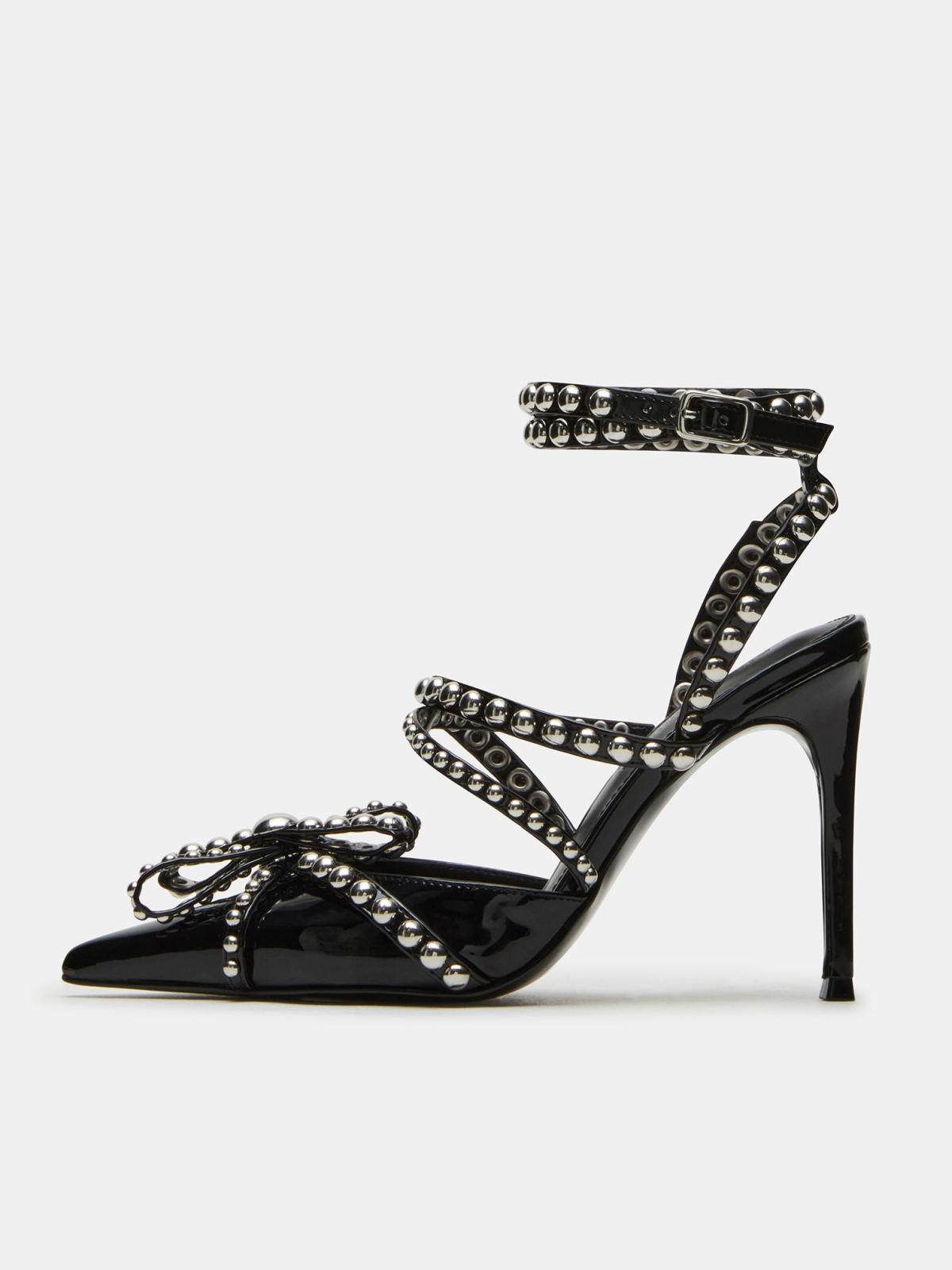 Black Patent Pointed-Toe Studded Cross Strap And Ankle Strap Pump High Heels