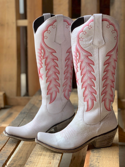 Star And Feather Embroidery Snip-Toe Wide Calf Tall Knee High Cowgirl Boots - White