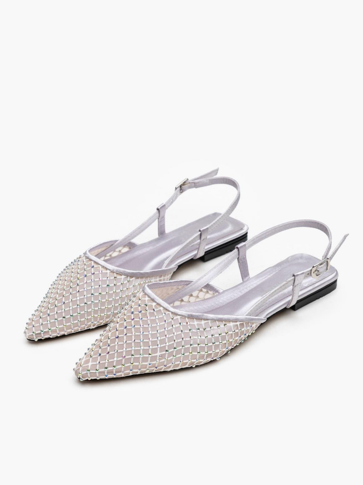 Silver Iridescent Rhinestone Pointy Slingback Ballerina Flats In Satin & Fishnet