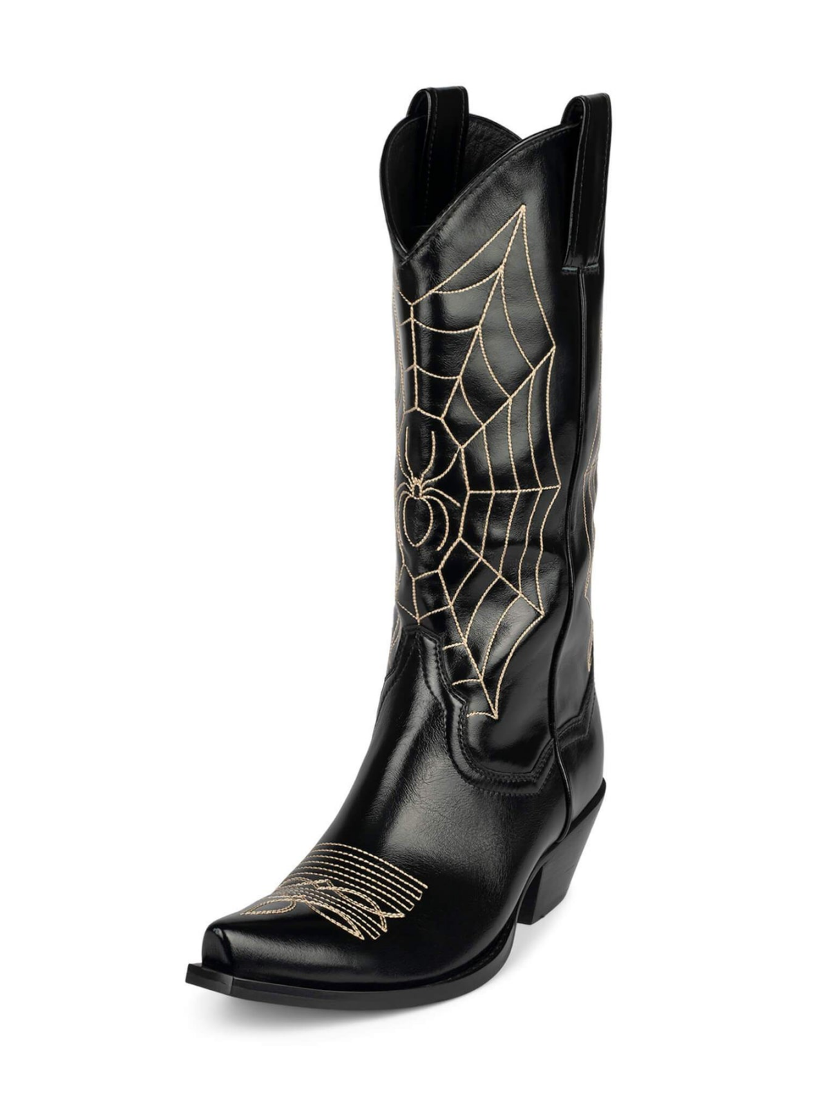 Black Snip-Toe Spider Web Embroidery Wide Mid Calf Tall Cowgirl Boots