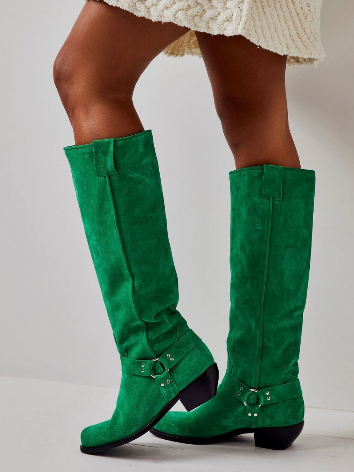 Faux Suede Square-Toe Wide Calf Tall Knee High Cowgirl Boots With Buckle - Green