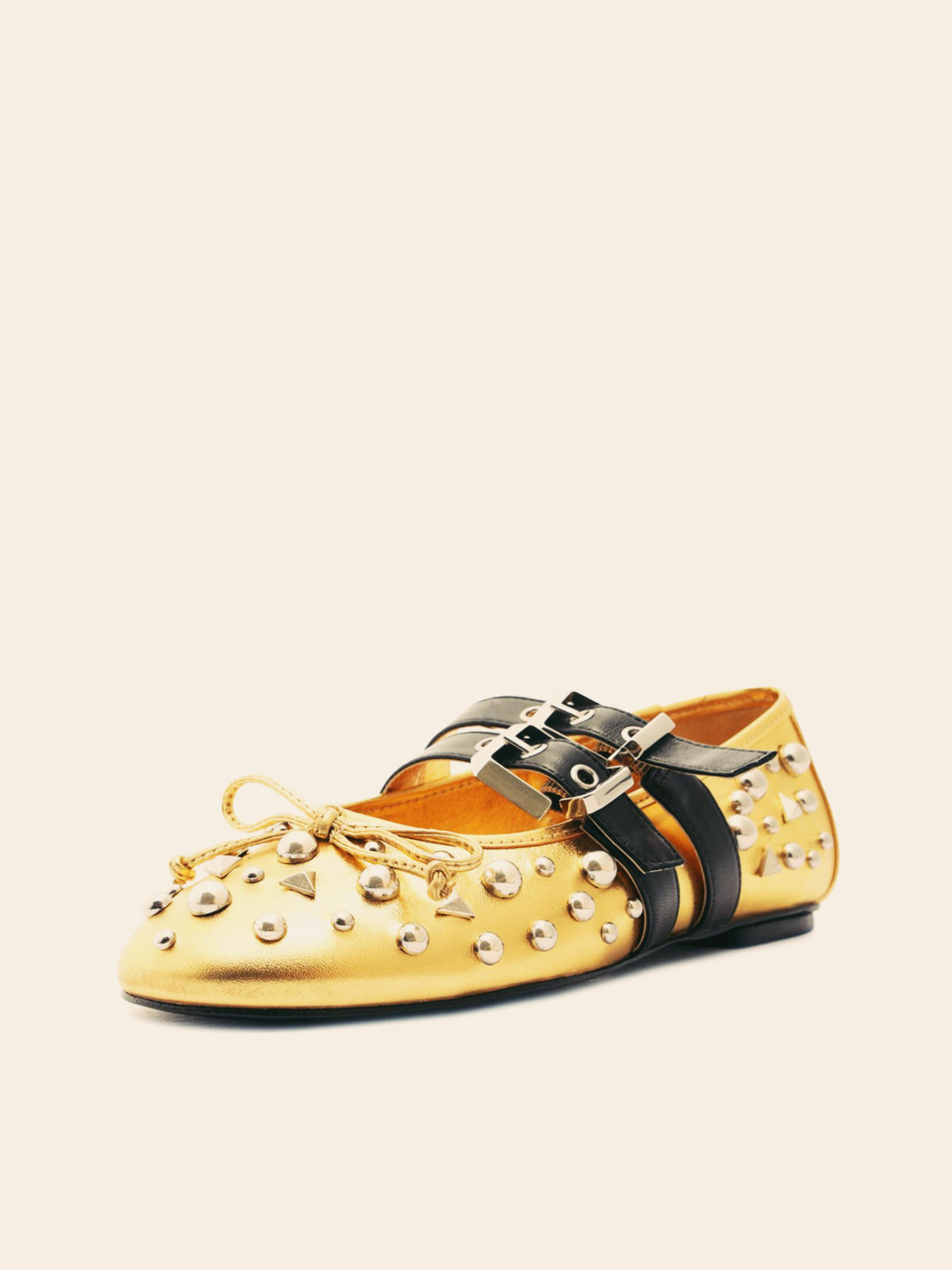 Metallic Gold Bow Studded Ballet Flats Mary Janes With Grommet Buckled Strap