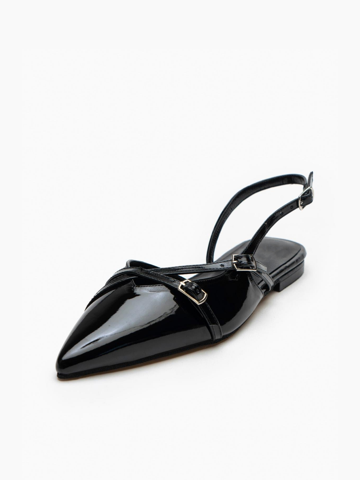 Black Patent Buckled Belt Detail Pointy Ballet Flats Slingbacks