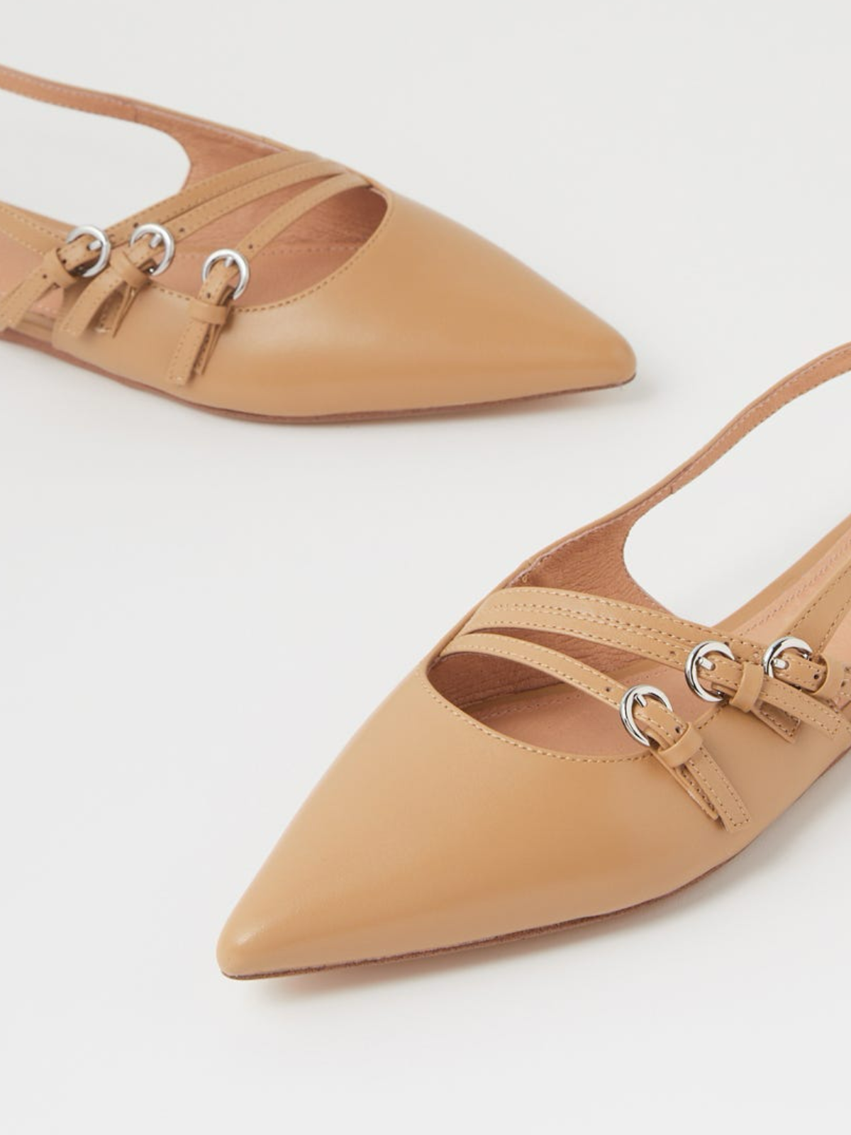 Camel Pointed-Toe Flats With Buckled Slingback