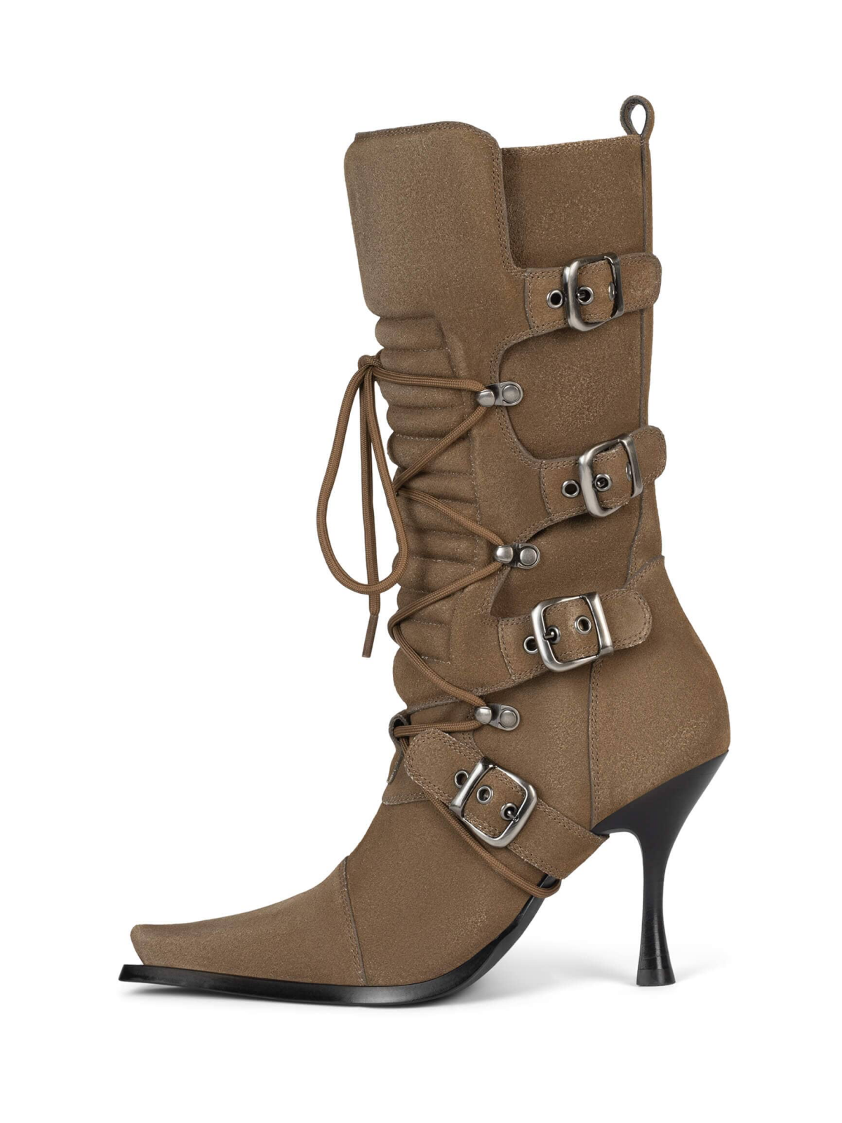 Dark Khaki Full-Zip Lace-Up Mid Calf Moto-Inspired Stiletto Boots With Buckles