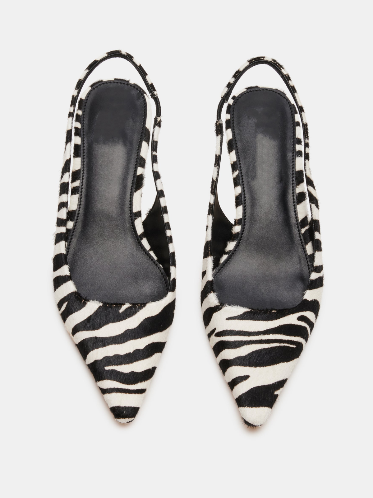 Zebra-Print Pony Hair Pointed-Toe Slingback Strap Kitten Heels