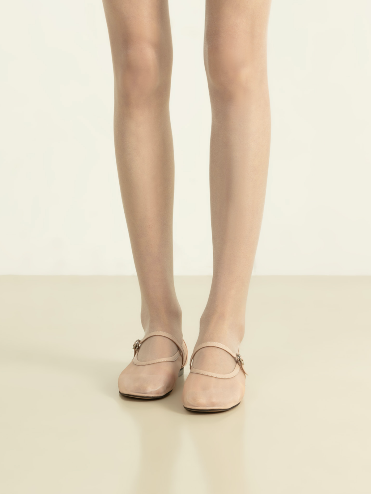 Nude Mesh Square-Toe Flats Mary Janes With Adjustable Strap