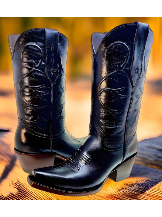 Black Snip-Toe Padded Wide Mid Calf Tall Cowgirl Boots