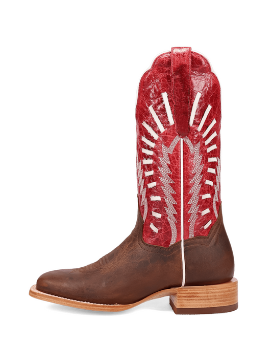 Contrast Brown And Distressed Red Square-Toe Embroidery And Running Stitch Wide Mid Calf Cowgirl Boots